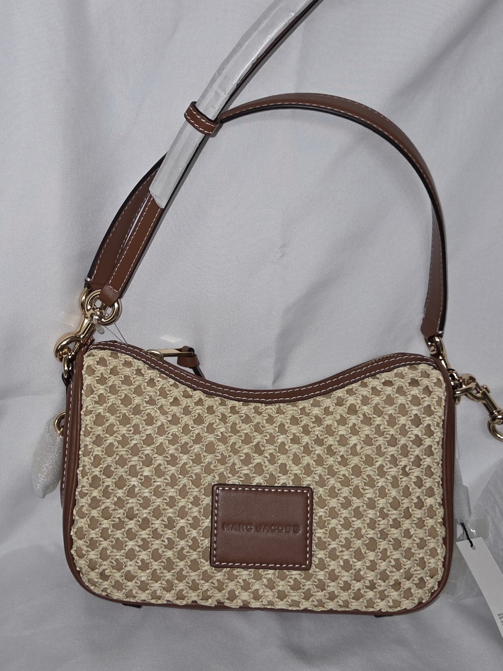 Marc Jacobs Beige Woven Shoulder Bag with Brown Leather Trim
